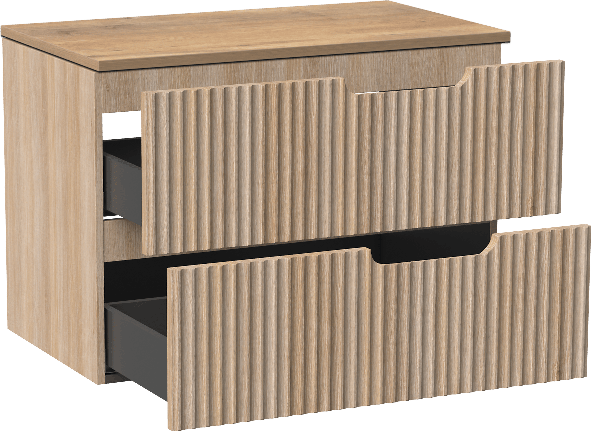 Linie Ribbo zwevend badmeubel 80 x 46 cm licht eiken met Lado enkel wastafelblad in melamine naturel eiken, Verticale symmetrische ronde ribbel