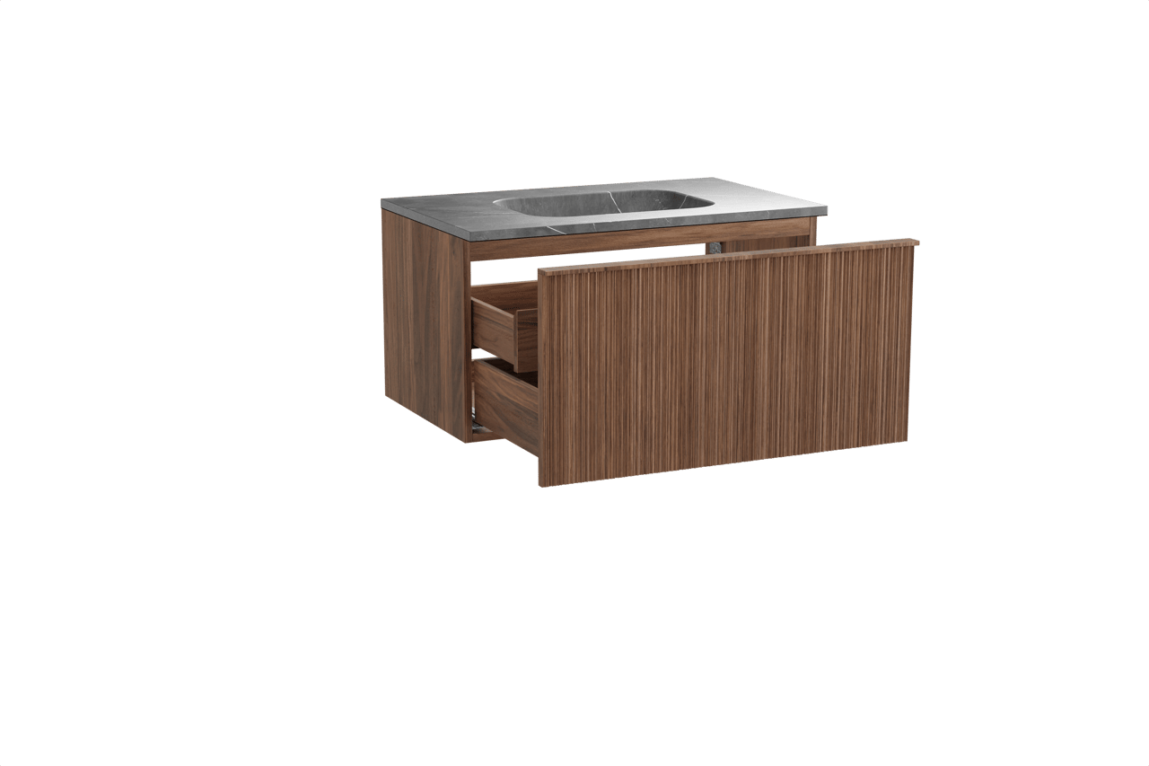 Balmani Forma hängendes Möbelstück Set: 90 x 55 cm, Amerikanischer Nussbaum, mit Tablo Arcato Einzelwaschtisch, Marmor, Pietra Grey, Vertikale asymmetrische Runde Rippe