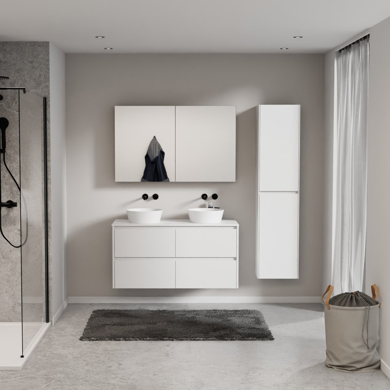 Storke Seda meuble salle de bains suspendu 120 x 52 cm blanc mat avec Tavola tablette simple ou double en solid surface blanc mat