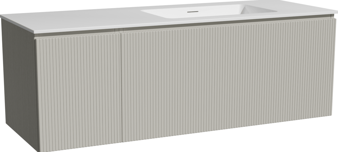 Storke Ribs zwevend badmeubel 140 x 52 cm zijdegrijs met Mata asymmetrisch rechtse wastafel in solid surface mat wit, Verticale symmetrische rechte ribbel