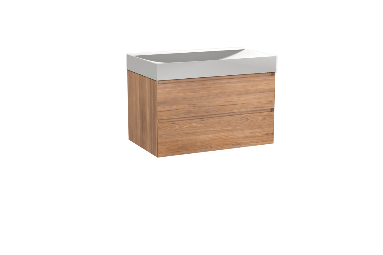 Balmani Mitra hängendes Möbelstück Set: 90 x 55 cm, Teak, mit Wave Einzelwaschtisch, Solid Surface Weiß matt