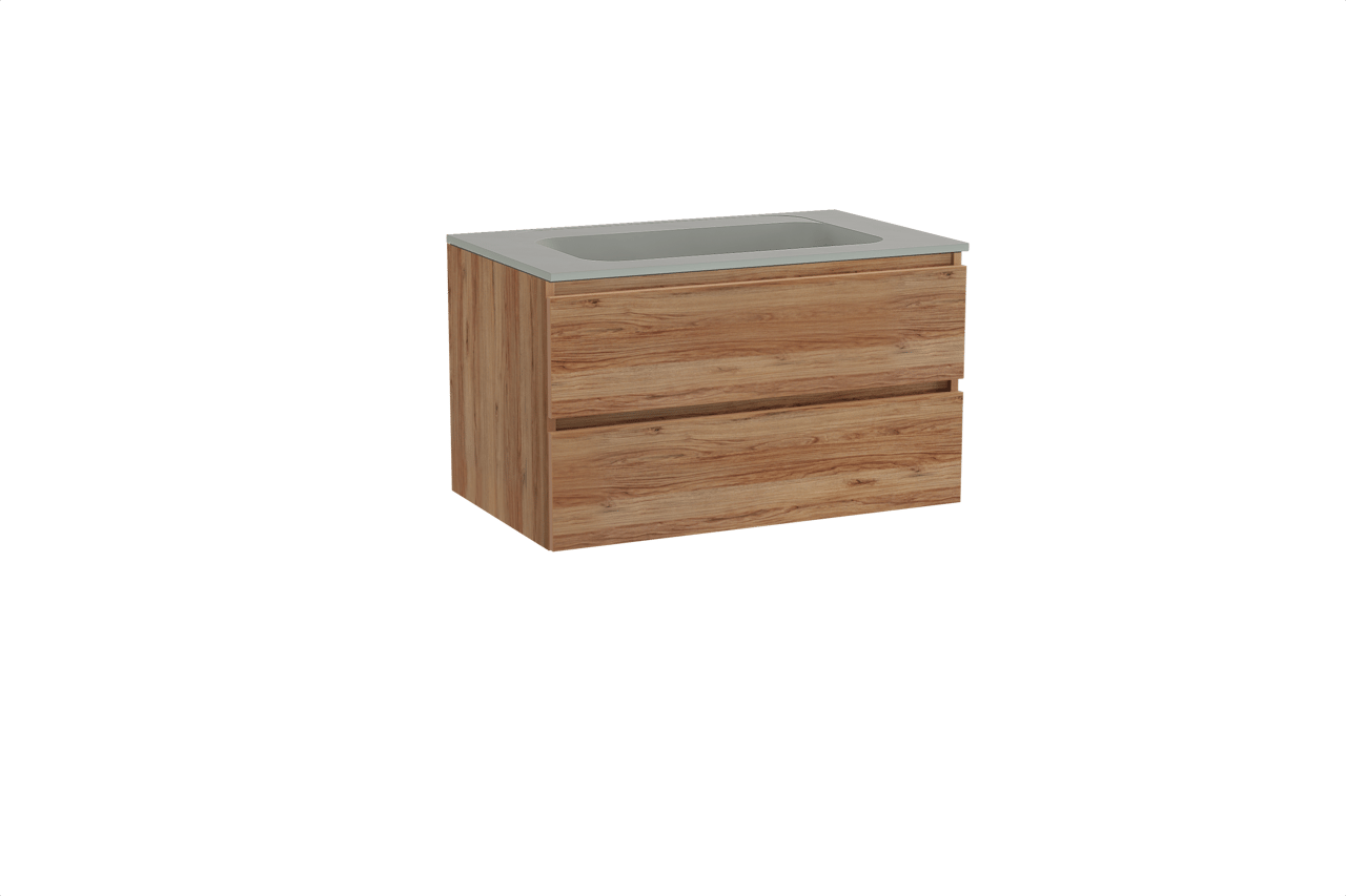 Balmani Lucida hängendes Möbelstück Set: 90 x 55 cm, Teak, mit Tablo Strada Einzelwaschtisch, Marmorkomposit Seidengrau