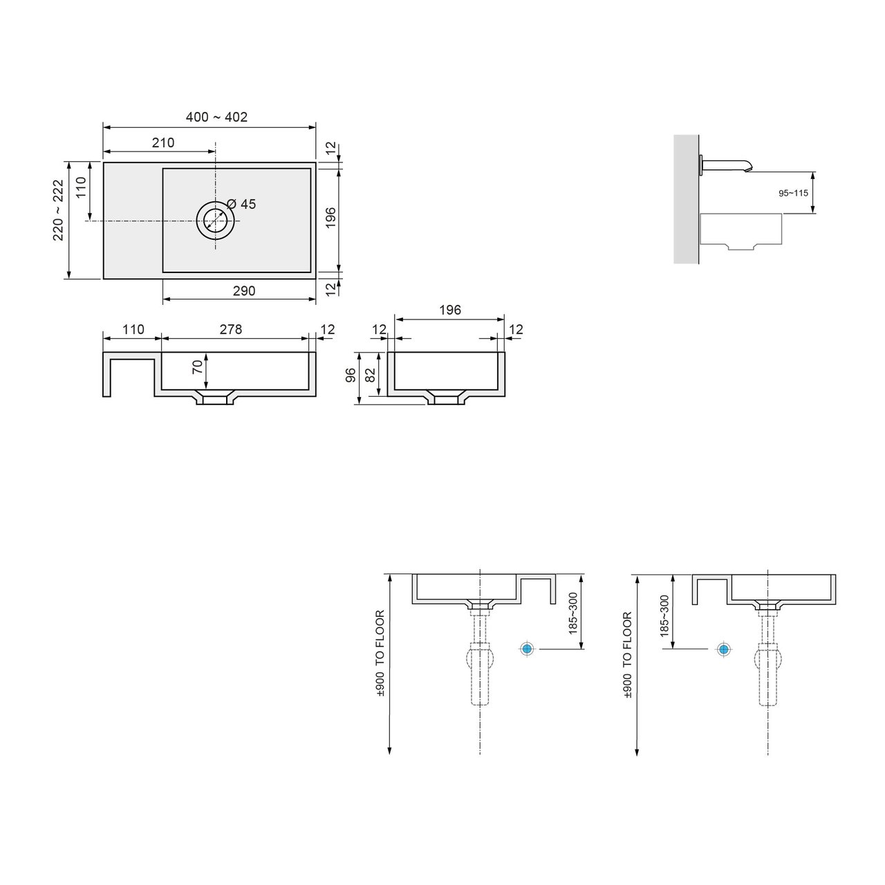 Storke Edge meuble wc suspendu 40 x 22 cm blanc mat avec Fada plan vasque en mat Solid Surface