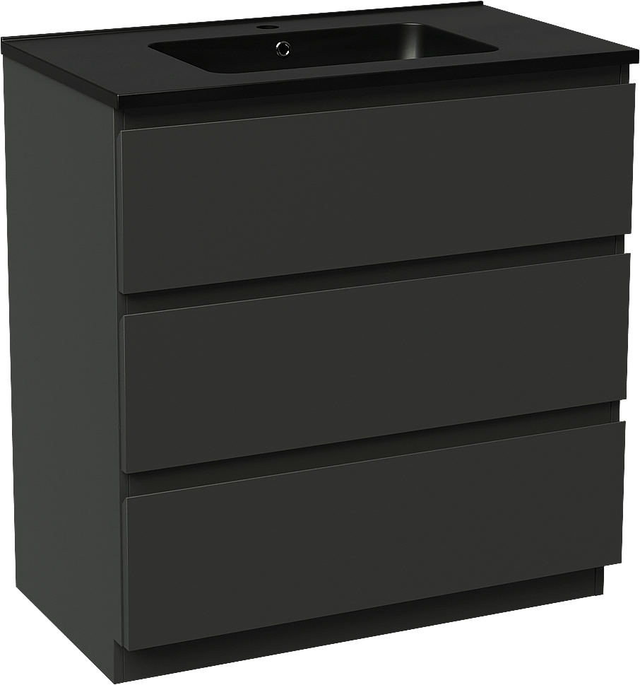 Linie Lado freistehendes Möbelstück Set: 80 x 46 cm, Schwarz matt, mit Vano Einzelwaschtisch, Marmorkomposit Schwarz matt