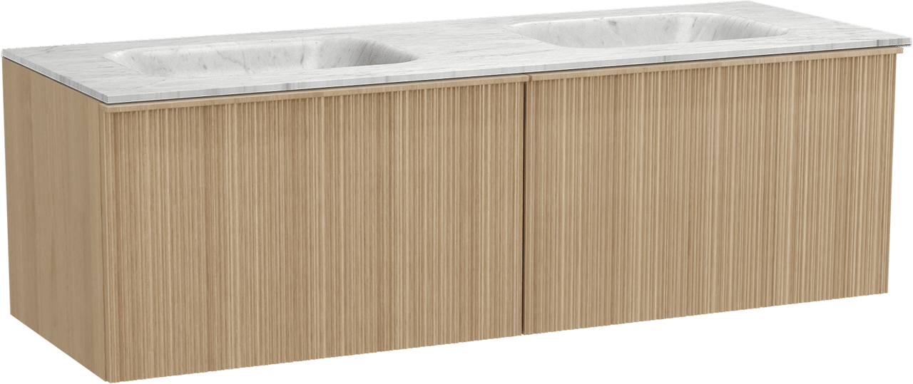 Balmani Forma zwevend badmeubel 150 x 55 cm naturel eiken met Tablo Arcato dubbele wastafel in marmer carrara, Verticale asymmetrische ronde ribbel
