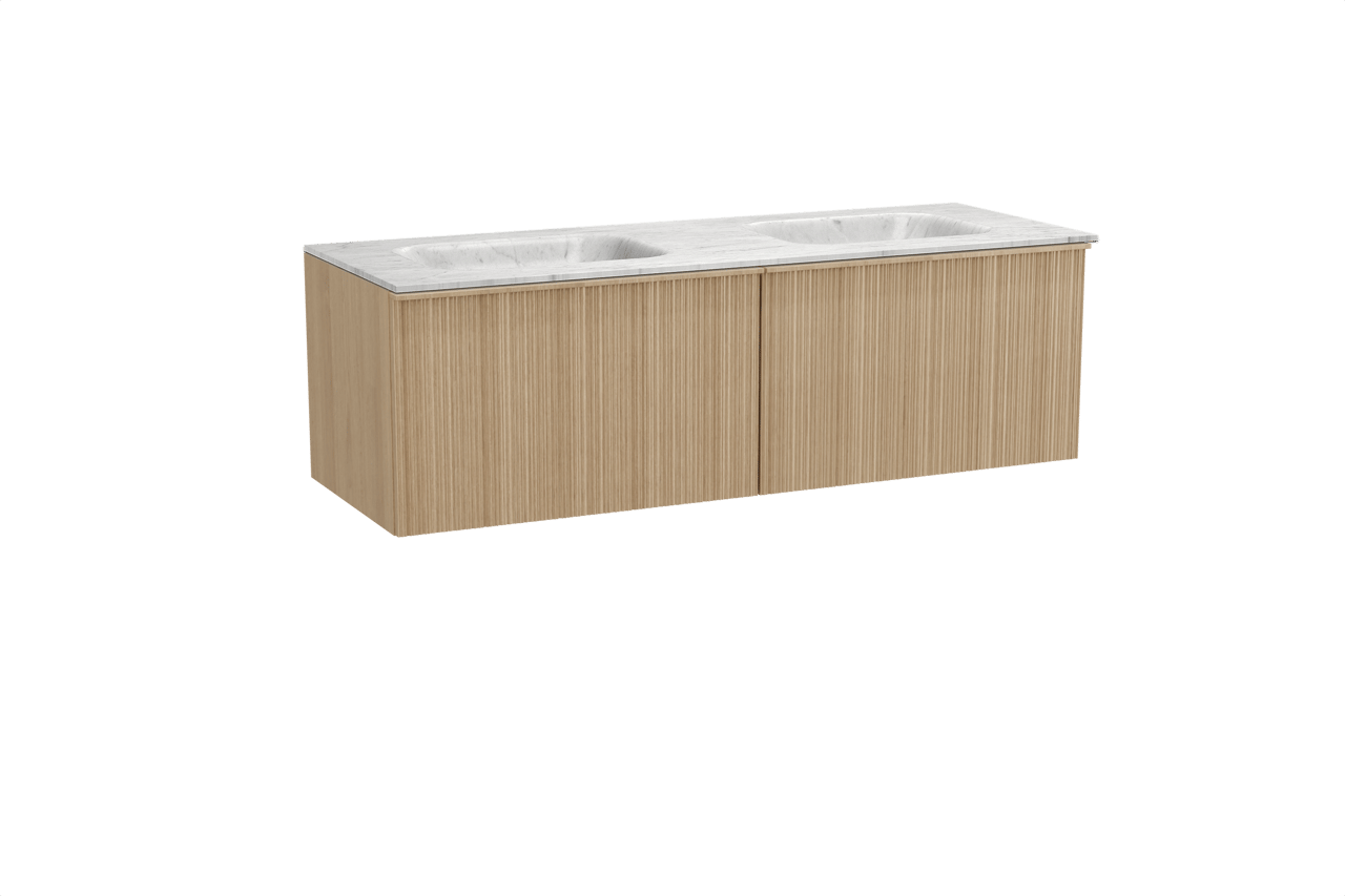 Balmani Forma meuble salle de bains suspendu 150 x 55 cm chêne naturel avec Tablo Arcato double vasque en marbre carrara, Nervure circulaire asymétrique verticale