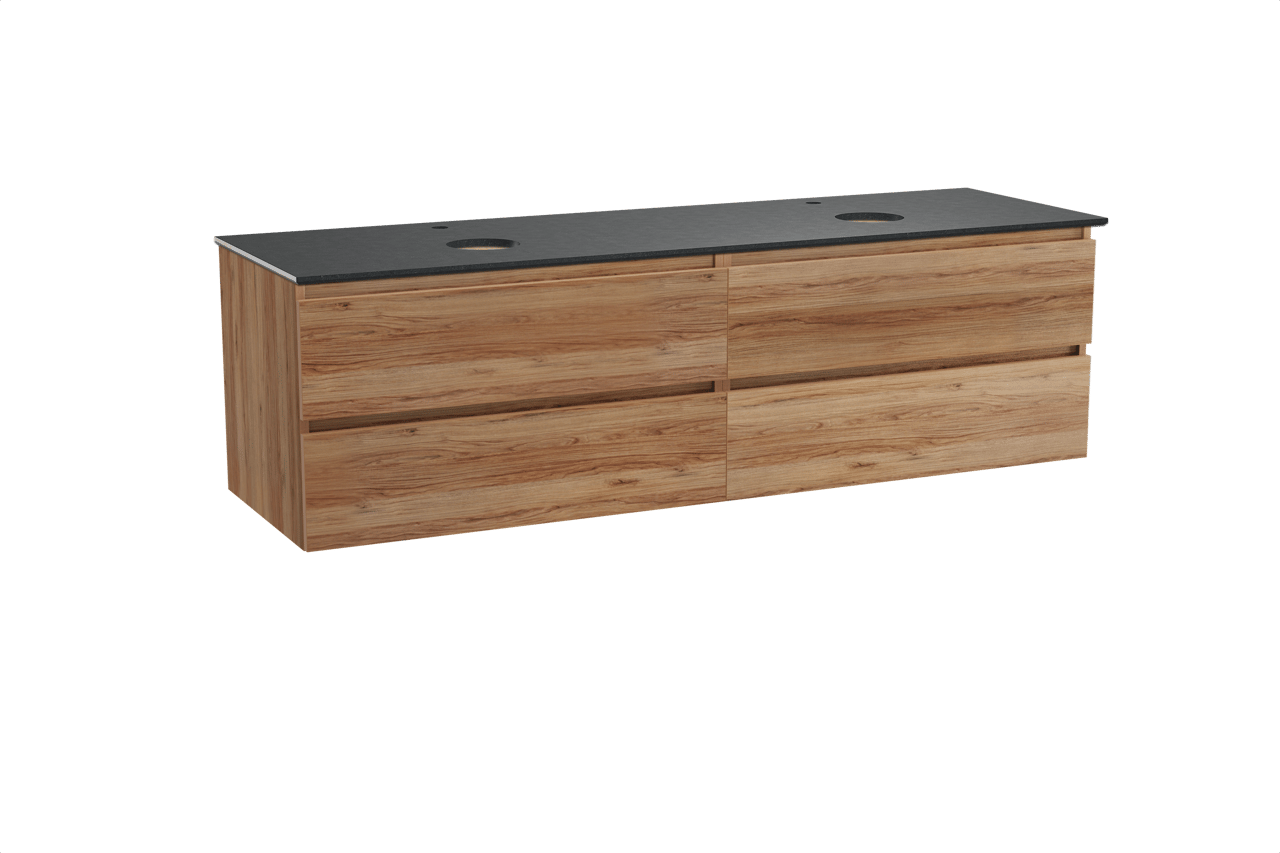 Balmani Lucida hängendes Möbelstück Set: 180 x 55 cm, Teak, mit Facetta Doppel Waschtischplatte, Schwarzes Granit