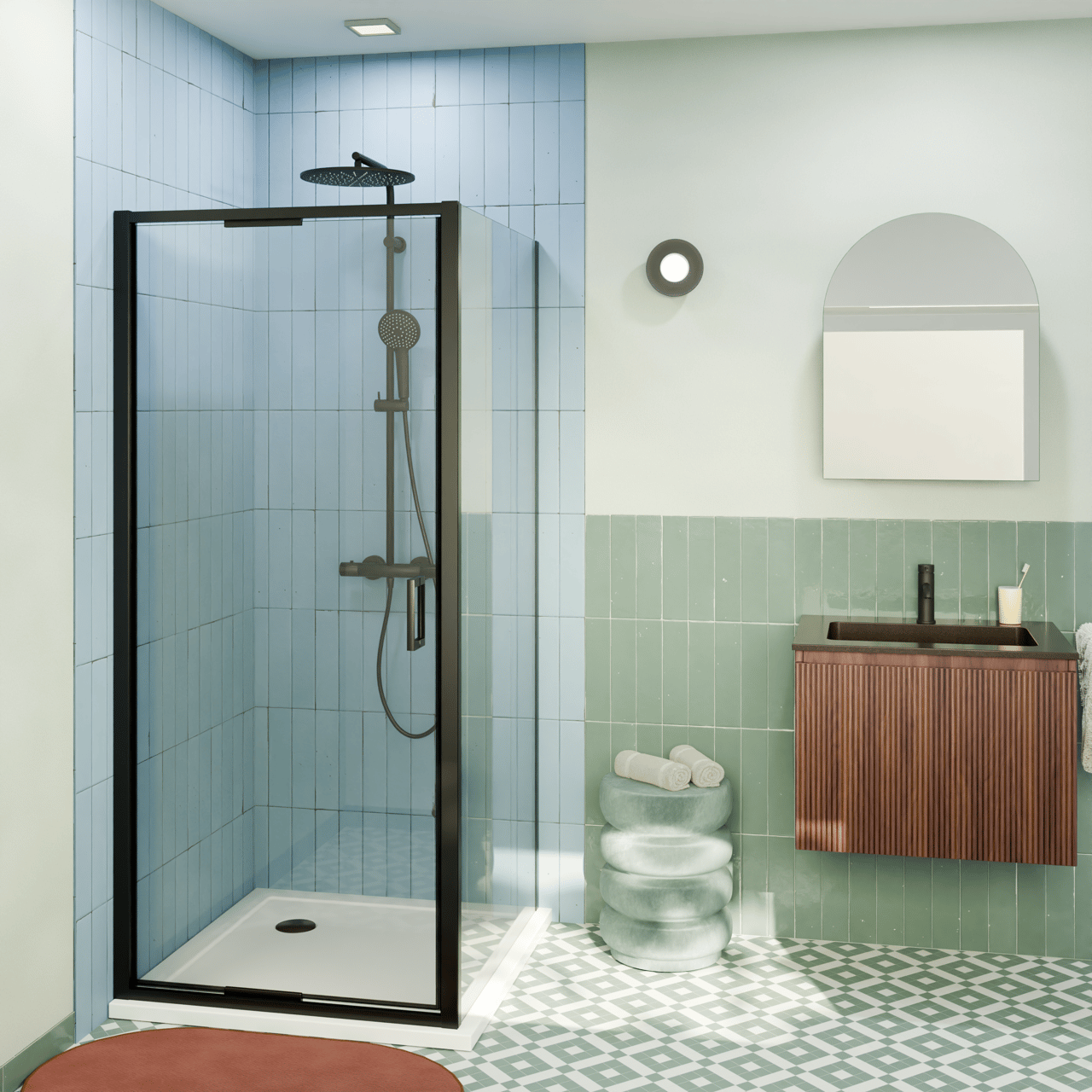 Luca Varess Vidor In Eckdusche: Drehtür und fixierte, Seitenwand, 90 x 80 cm, Klarglas, mattschwarzes Profil