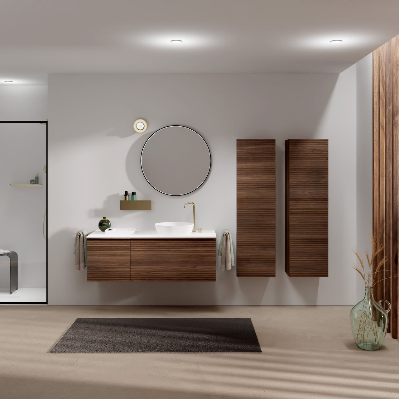 Balmani Forma zwevend badmeubel 135 x 55 cm amerikaans notenhout met Stretto enkel of dubbel wastafelblad in solid surface mat wit, Horizontale symmetrische rechte ribbel