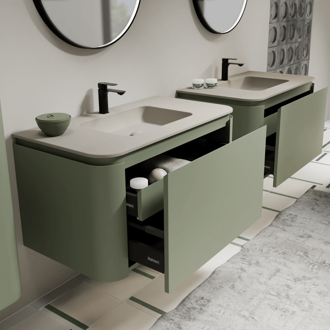 Balmani Moon hängendes Möbelstück Set: 100 x 55 cm, Salbeigrün, mit Moon Einzelwaschtisch, Top Solid Seidengrau