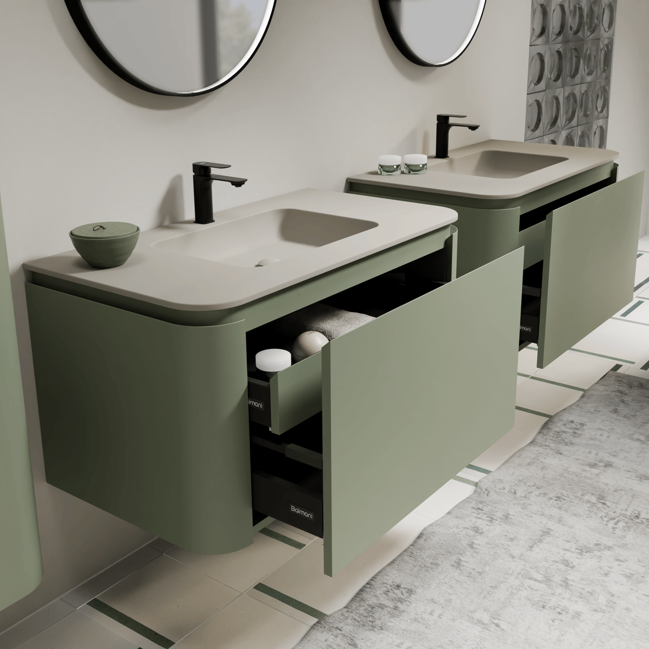 Balmani Moon meuble salle de bains suspendu 100 x 55 cm vert sauge avec Moon plan simple en top solid soie grise