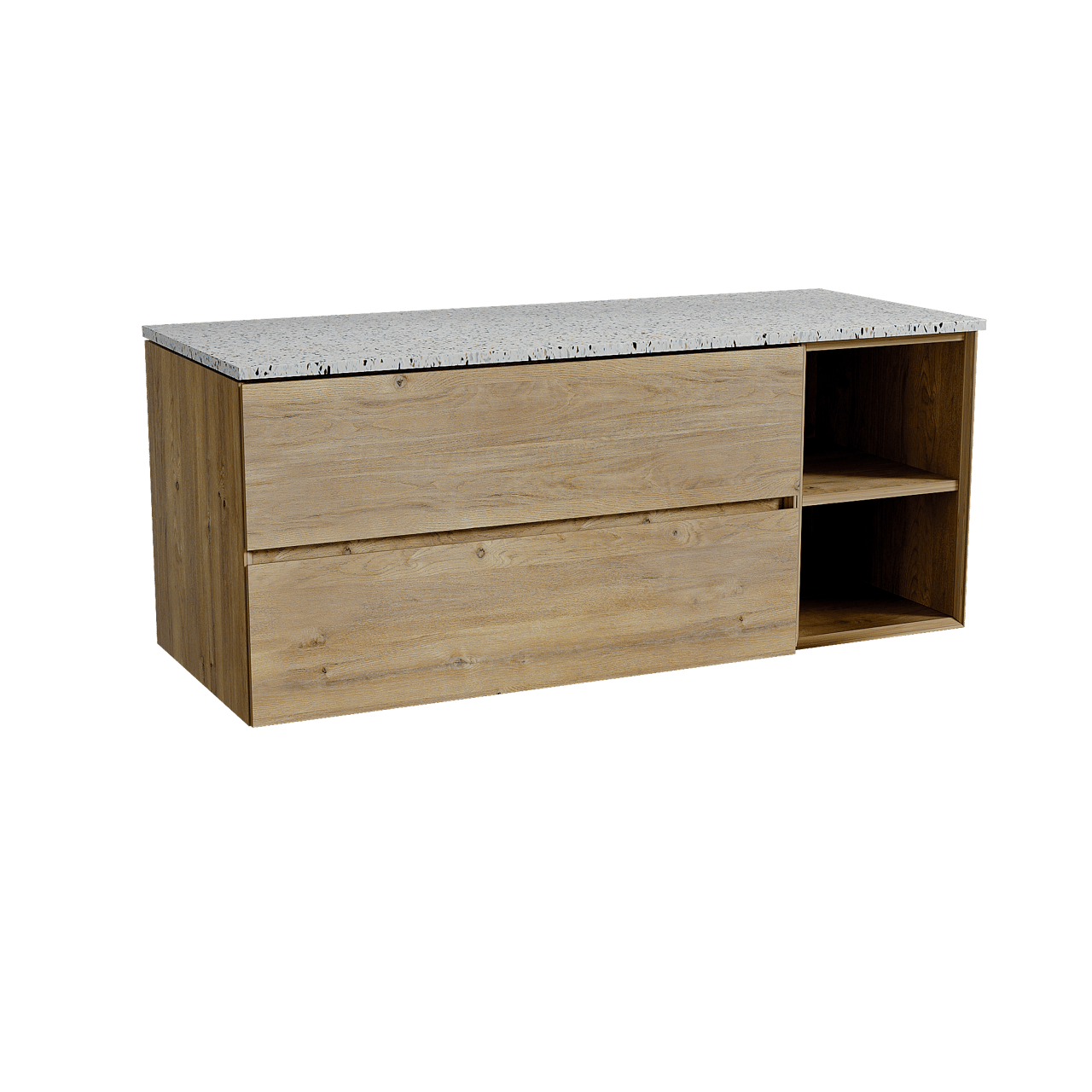 Storke Edge meuble salle de bains suspendu 130 x 52 cm chêne brut avec Tavola tablette simple ou double en blanc/noir mat terrazzo