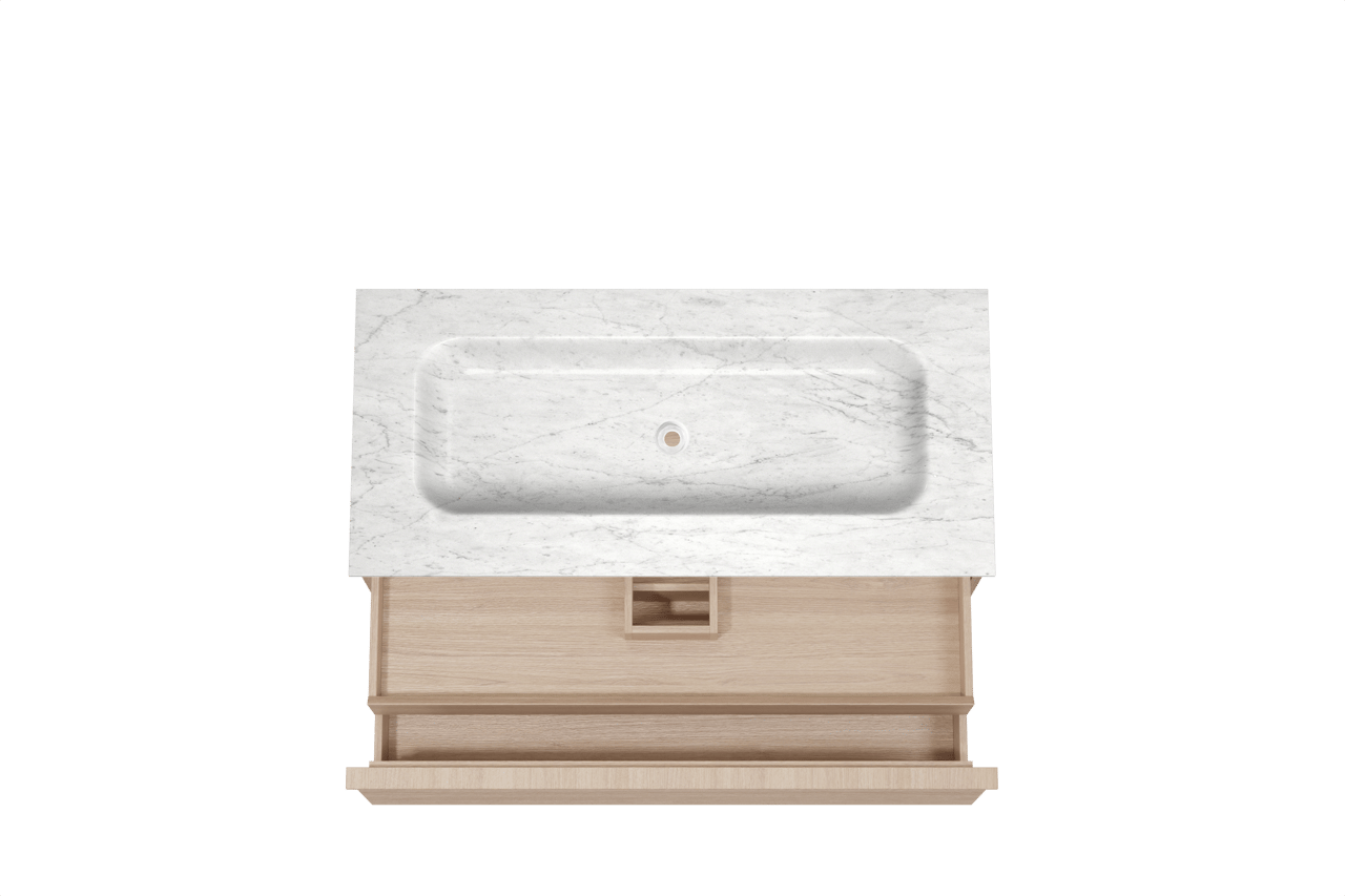 Balmani Forma hängendes Möbelstück Set: 120 x 55 cm, Naturbelassene Eiche, mit Tablo Arcato Einzelwaschtisch, Marmor, Carrara, Horizontale symmetrische gerade Rippe