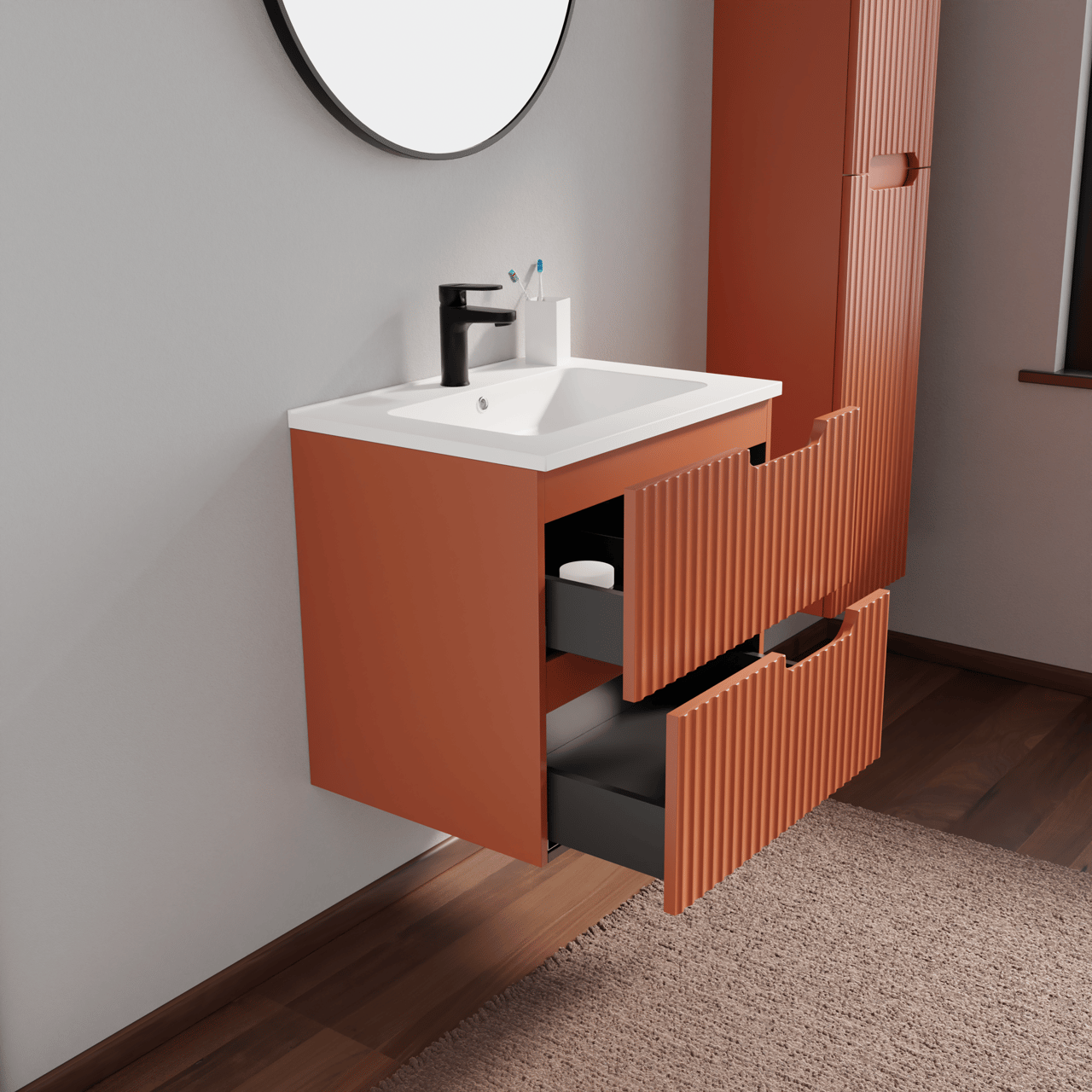 Linie Ribbo meuble salle de bains suspendu 60 x 46 cm cotto avec Vano plan simple en marbre composite blanc mat, Nervure circulaire symétrique verticale