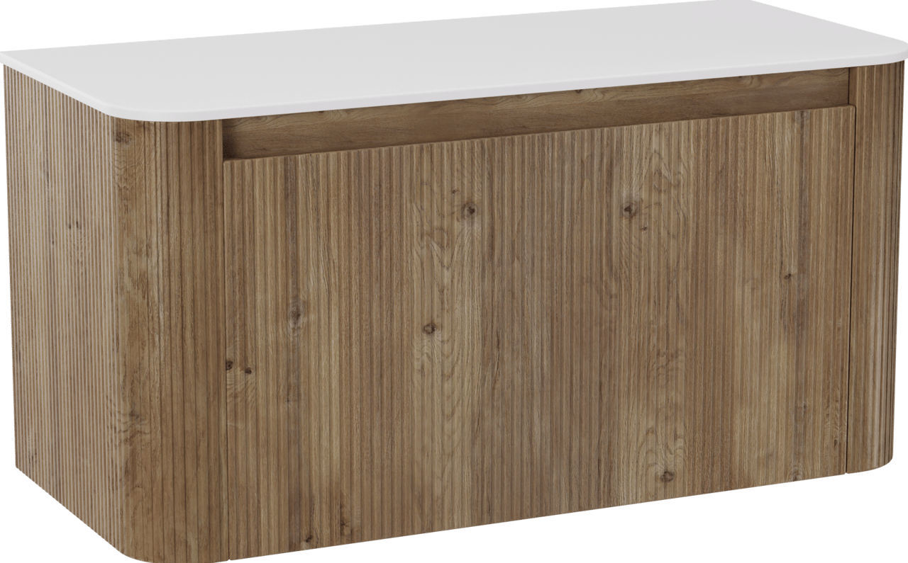 Storke Soft meuble salle de bains suspendu 100 x 46 cm chêne brut avec Tavola Soft tablette simple en Solid Surface blanc mat, Nervure droite symétrique verticale