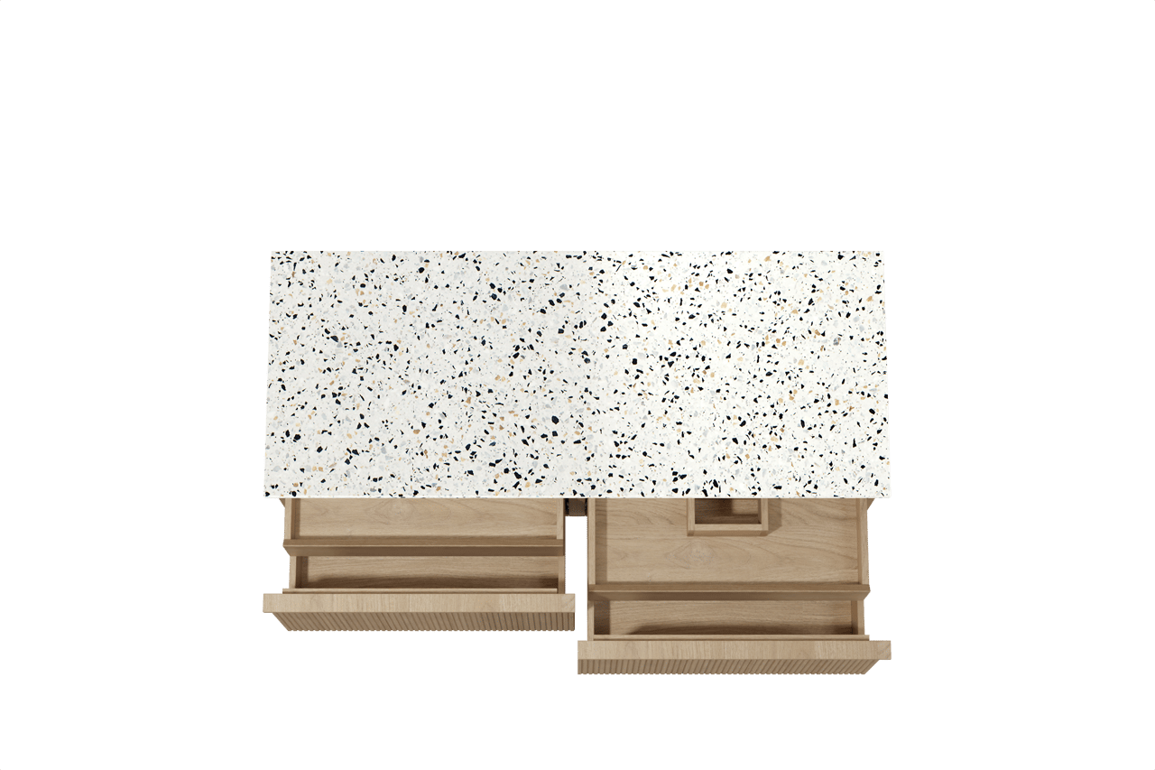 Balmani Forma meuble salle de bains suspendu 135 x 55 cm chêne naturel avec Stretto tablette simple ou double en blanc/noir mat terrazzo, Nervure droite symétrique verticale