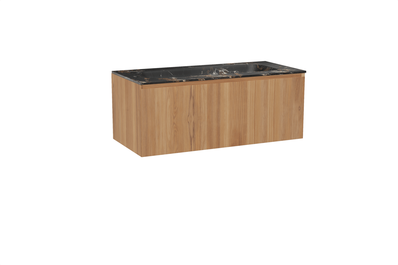 Balmani Idra meuble salle de bains suspendu 120 x 55 cm teck avec Tablo Arcato lavabo simple pour 2 trous de robinet en marbre portoro gold