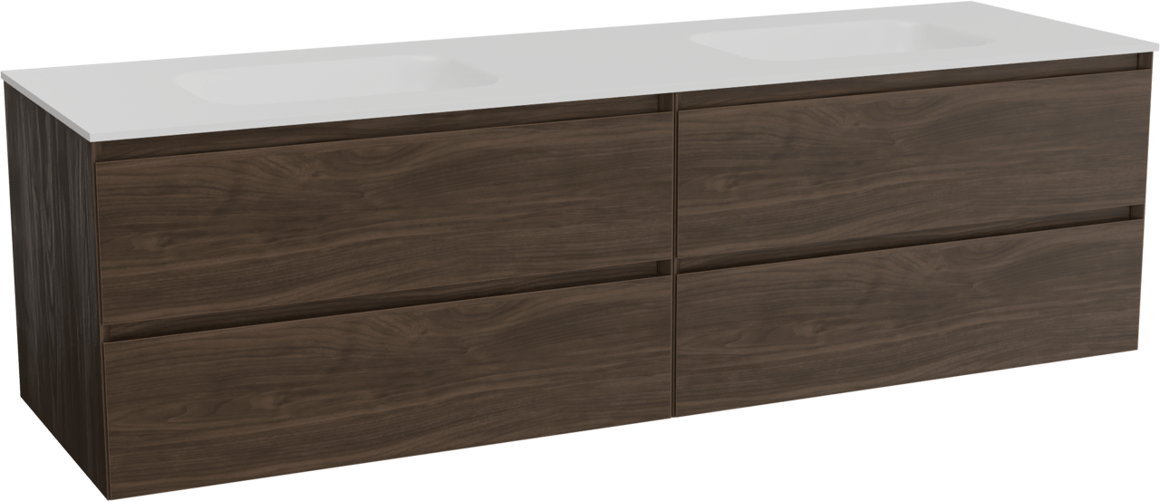 Balmani Mitra zwevend badkamermeubel 180 x 55 cm amerikaanse notelaar met Tablo Arcato dubbele wastafel in solid surface mat wit