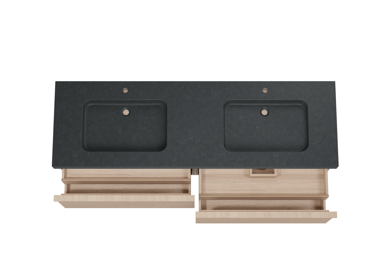 Balmani Forma zwevend badkamermeubel 180 x 55 cm natuur eik met Napoli dubbele wastafel in graniet zwart, Horizontale symmetrische rechte ribbel