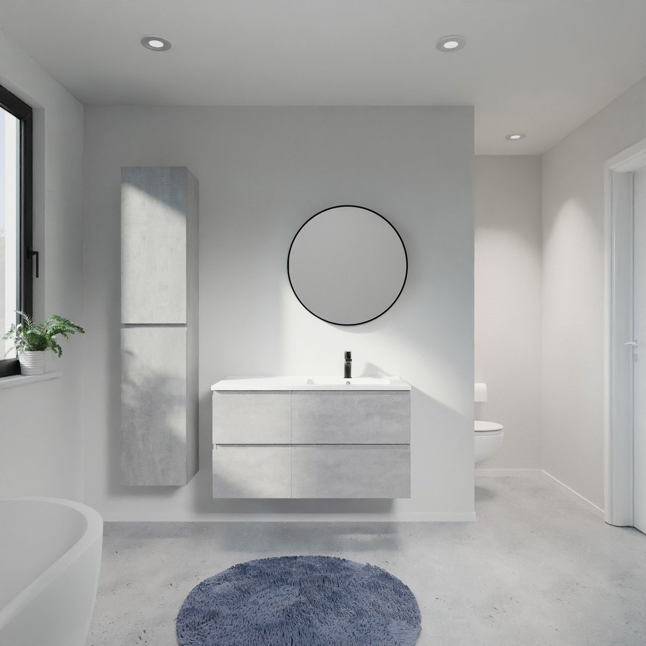 Linie Lado zwevend badmeubel 100 x 46 cm beton donkergrijs met Vano asymmetrisch rechtse wastafel in composietmarmer mat wit