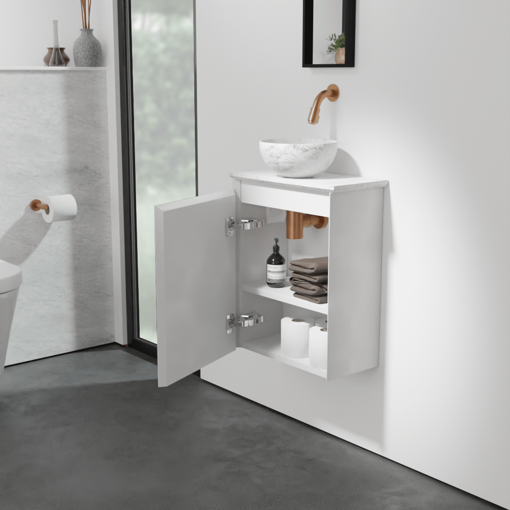 Balmani Mitra meuble wc suspendu 42 x 21 cm blanc mat avec Facetta tablette et Bari XS vaque à poser en marbre Carrara