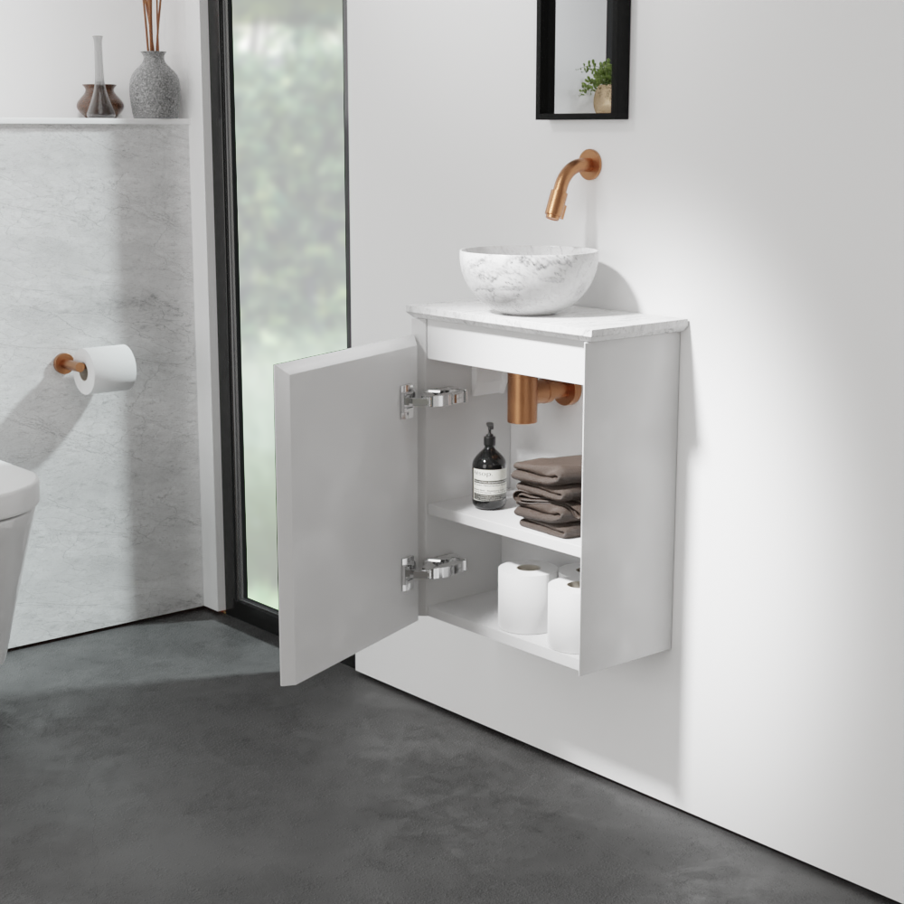 Balmani Mitra meuble wc suspendu 42 x 21 cm blanc mat avec Facetta tablette et Bari XS vaque à poser en marbre Carrara