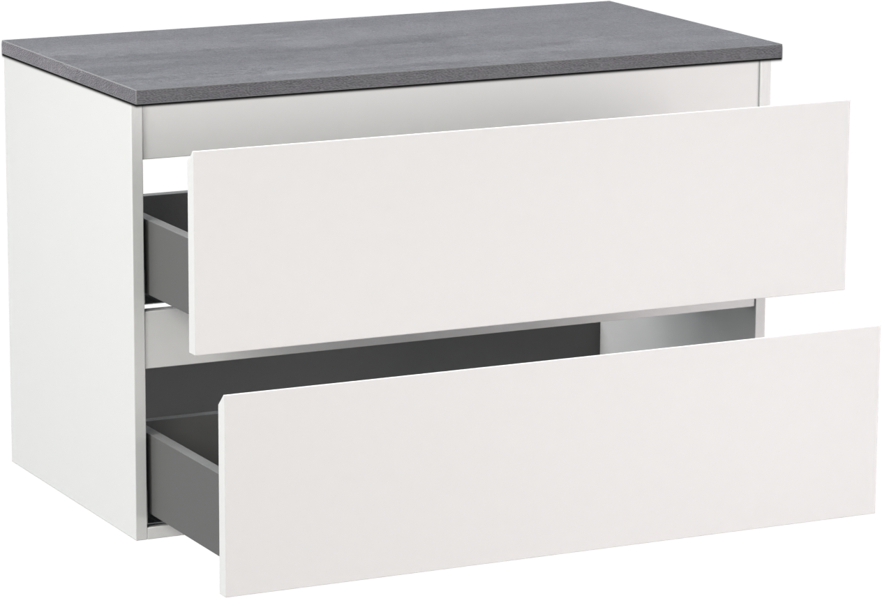 Linie Lado hängendes Möbelstück Set: 90 x 46 cm, Weiß matt, mit Lado Einzel Waschtischplatte, Melamin Beton dunkelgrau