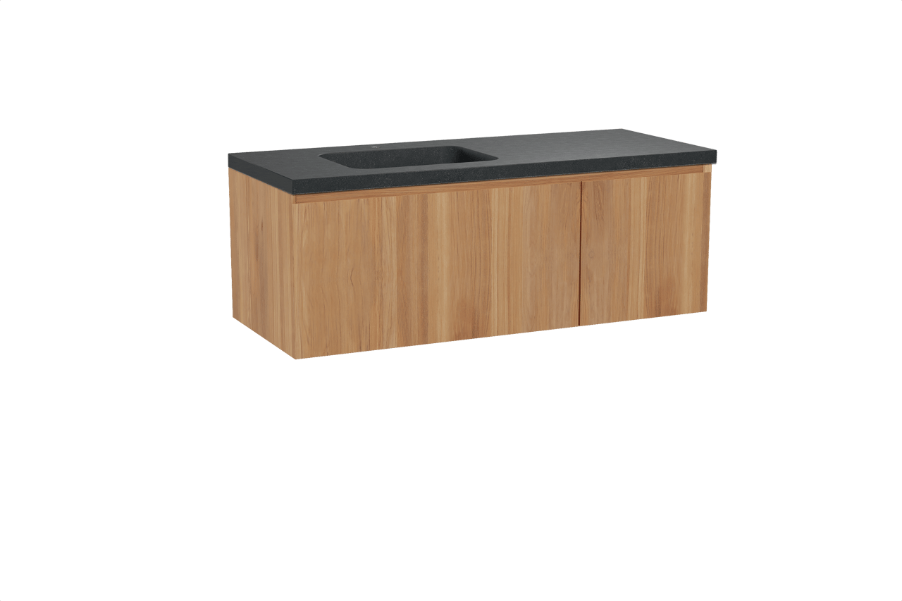 Balmani Idra meuble salle de bains suspendu 135 x 55 cm teck avec Napoli vasque asymétrique gauche en granit noir