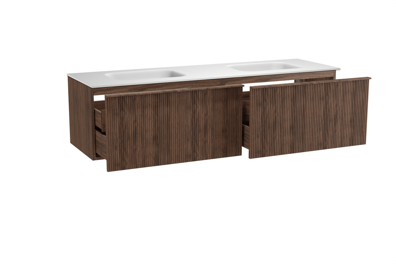Balmani Forma zwevend badkamermeubel 180 x 55 cm amerikaanse notelaar met Tablo Arcato dubbele wastafel in solid surface mat wit, Verticale symmetrische rechte ribbel