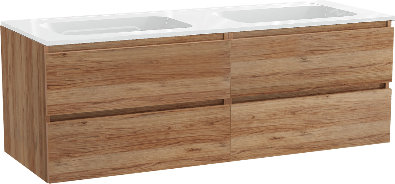 Balmani Lucida meuble salle de bains suspendu 150 x 55 cm teck avec Tablo Strada double vasque en marbre composite blanc brillant