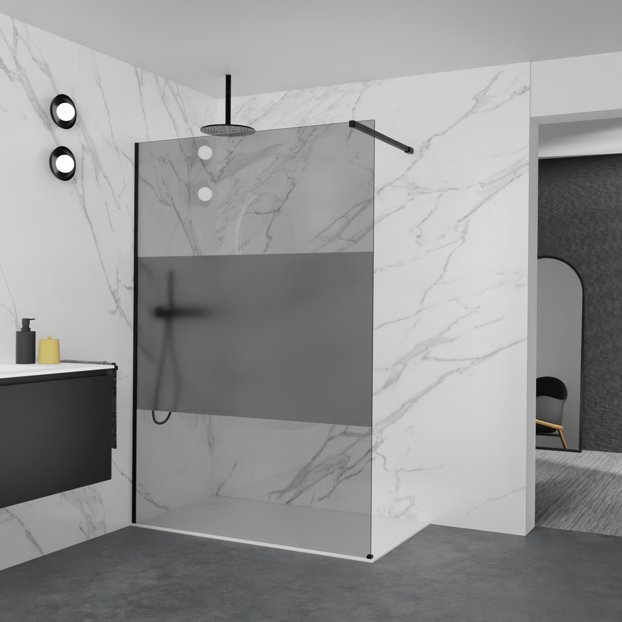 Balmani Modular inloopdouche: 140 x 200 cm, Rookglas met matte strook met coating, Mat zwarte profielen