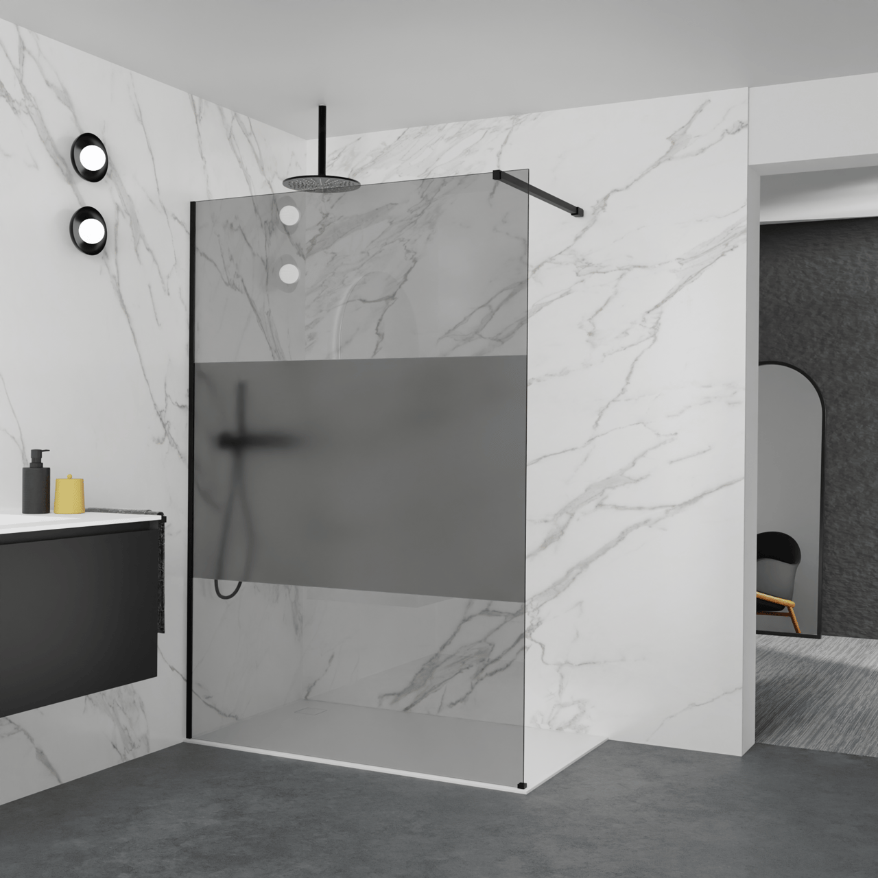 Balmani Modular douche à l'italienne: 140 x 200 cm, Verre fumé avec bande matte, avec coating, Profil Noir mat