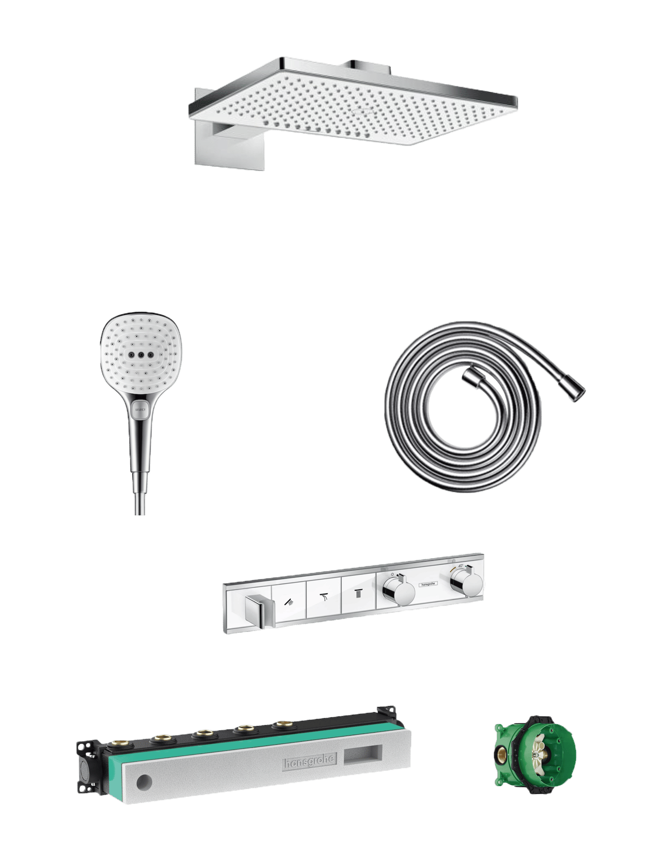 Hansgrohe Rainselect colonne de douche encastrée robinet thermostatique avec douche de tête cascade rectangulaire 46 x 27 cm blanc et chrome brillants