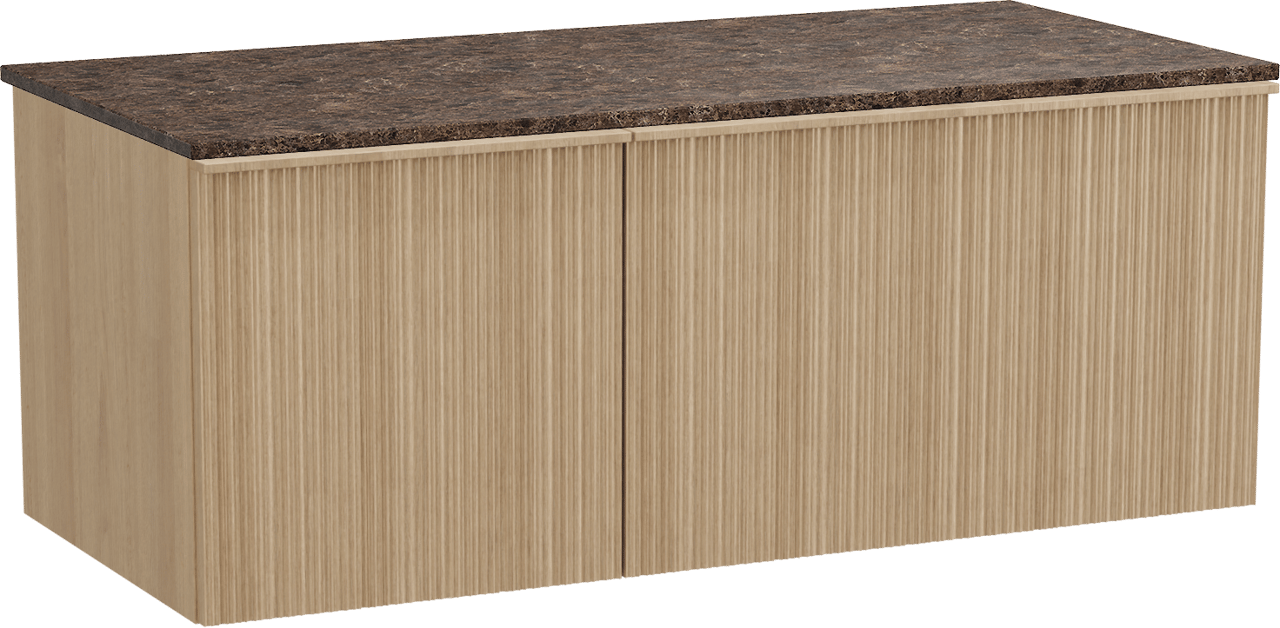 Balmani Forma zwevend badmeubel 120 x 55 cm naturel eiken met Stretto enkel of dubbel wastafelblad in marmer dark emperador, Verticale asymmetrische ronde ribbel