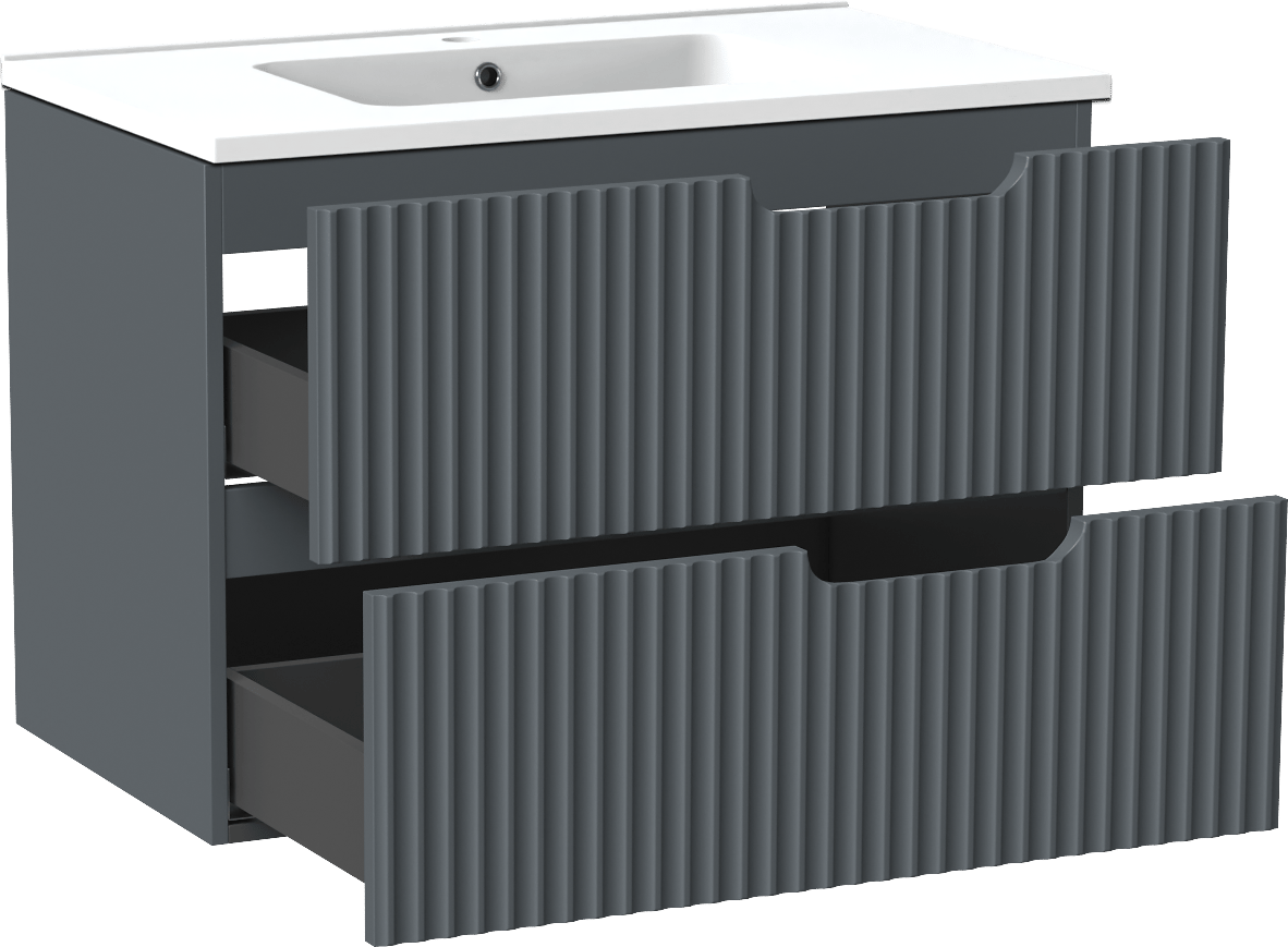 Linie Ribbo meuble salle de bains suspendu 80 x 46 cm bleu anthracite avec Vano plan simple en marbre composite blanc mat, Nervure circulaire symétrique verticale