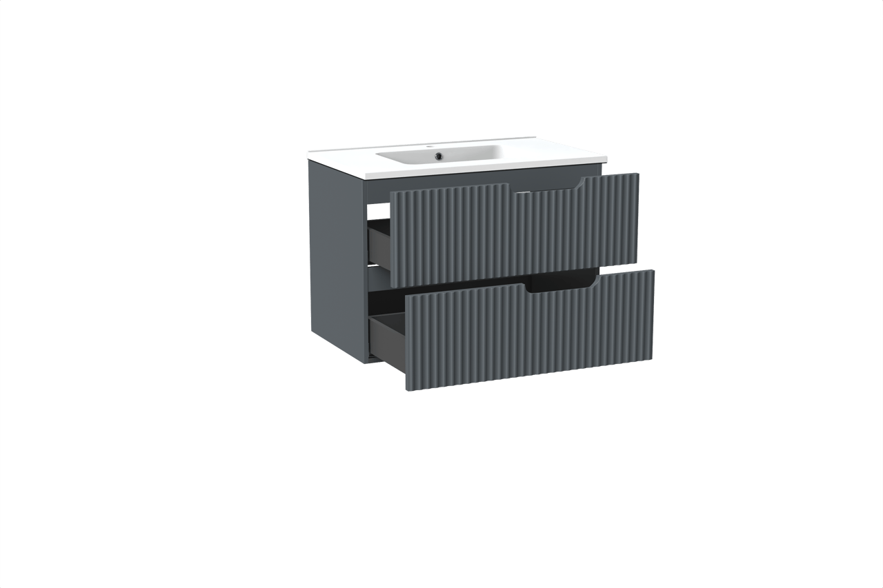 Linie Ribbo zwevend badkamermeubel 80 x 46 cm blauw antraciet met Vano enkele wastafel in composietmarmer mat wit, Verticale symmetrische ronde ribbel