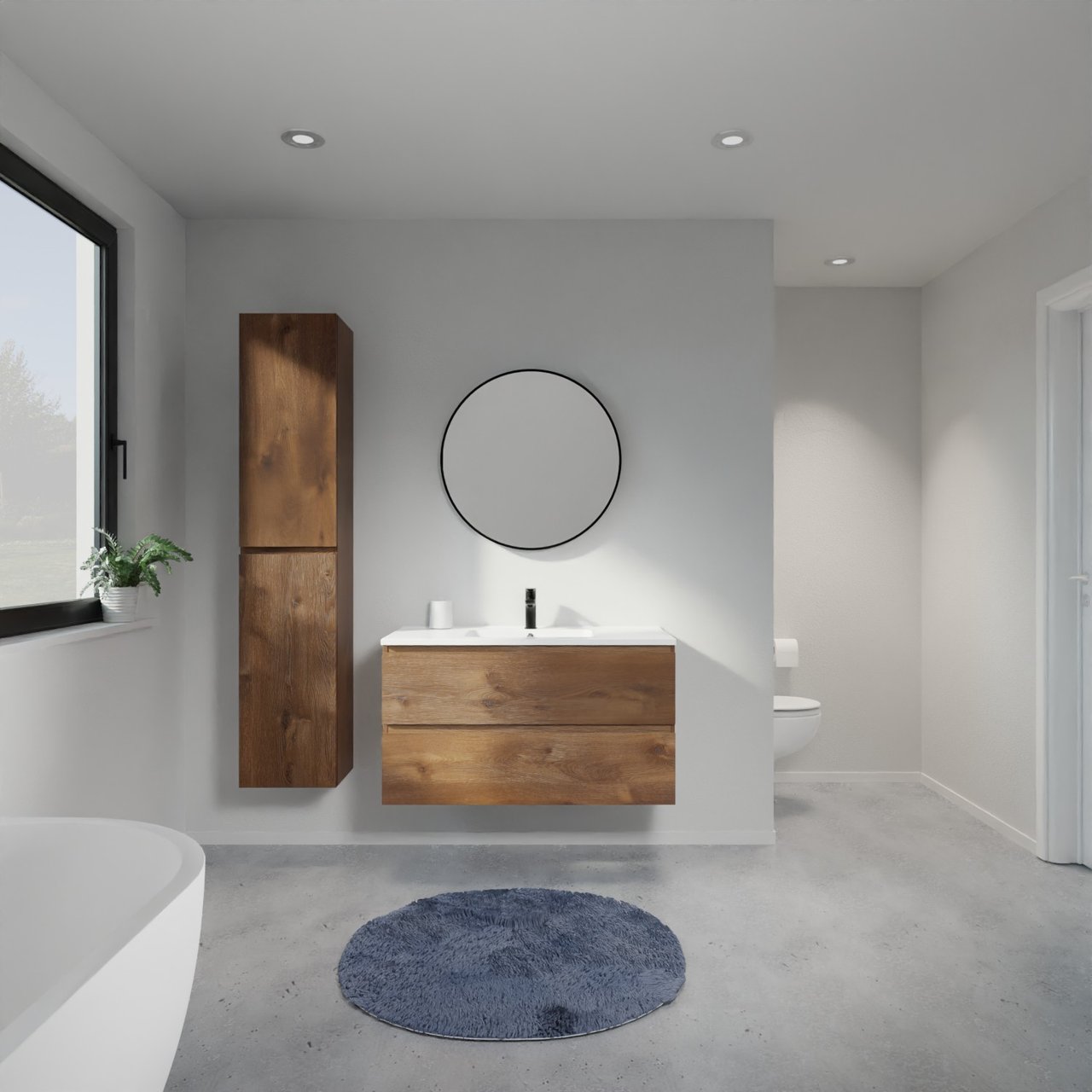 Linie Lado meuble salle de bains suspendu 100 x 46 cm chêne brun avec Vano plan simple en marbre composite blanc brillant