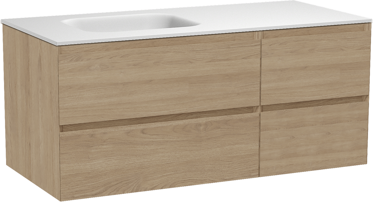 Balmani Mitra hängendes Möbelstück Set: 120 x 55 cm, Naturbelassene Eiche, mit Tablo Arcato Waschtisch links, Solid Surface Weiß matt