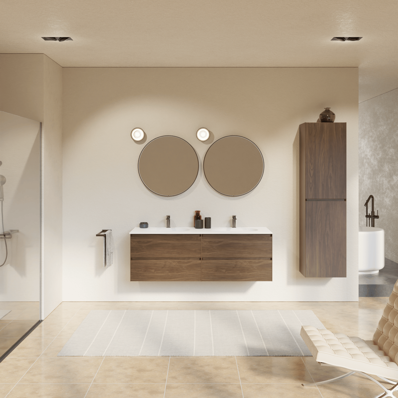 Balmani Mitra zwevend badkamermeubel 150 x 55 cm amerikaanse notelaar met Tablo Oval dubbele wastafel in solid surface mat wit