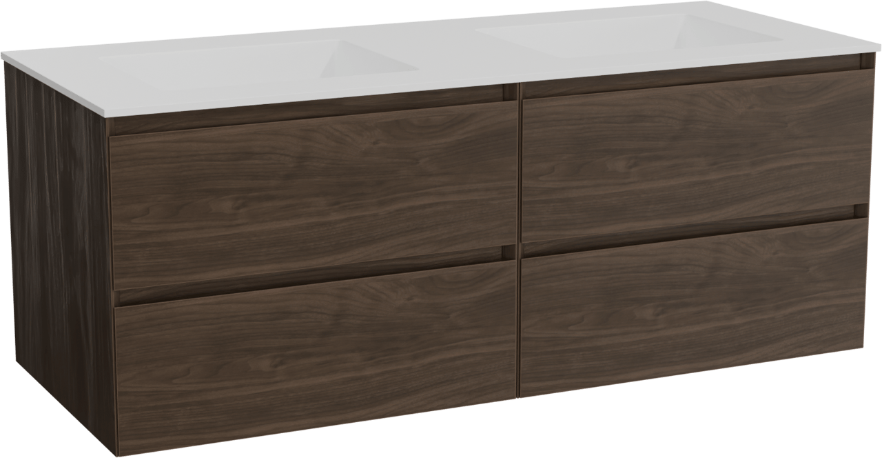 Balmani Mitra hängendes Möbelstück Set: 135 x 55 cm, Amerikanischer Nussbaum, mit Tablo Stretto Doppelwaschtisch, Solid Surface Weiß matt