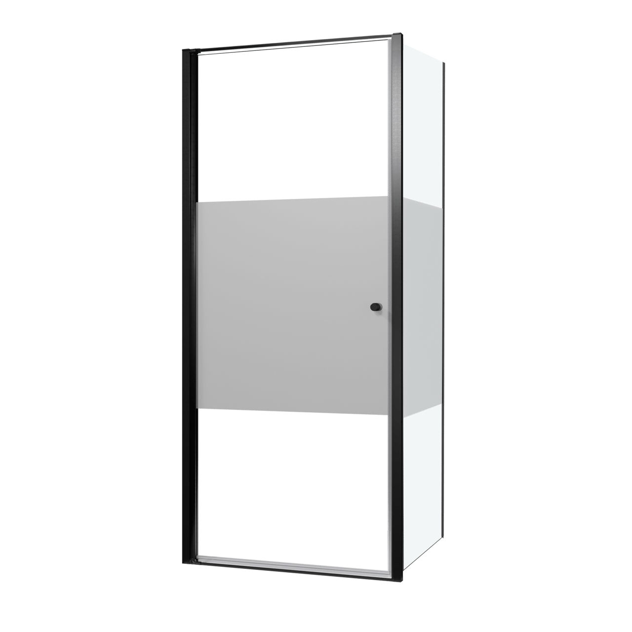 Luca Varess Kuresa Eckdusche: Drehtür, fixierte Seitenwand, 90 x 90 x 200 cm, Klarglas mit mattiertem Streifen, Profil Schwarz