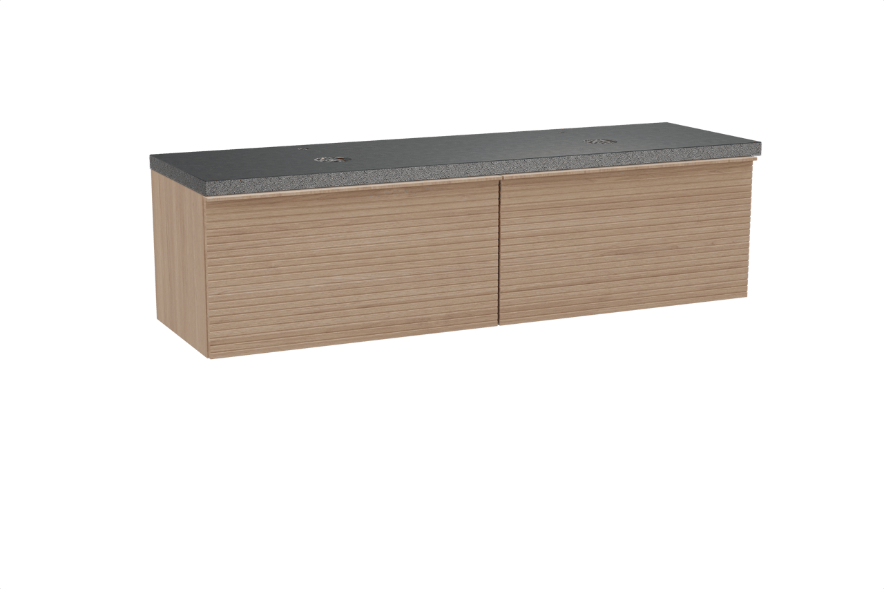 Balmani Forma hängendes Möbelstück Set: 180 x 55 cm, Naturbelassene Eiche, mit Rock Doppel Waschtischplatte, Granit, Schwarzes Granit, Horizontale symmetrische gerade Rippe