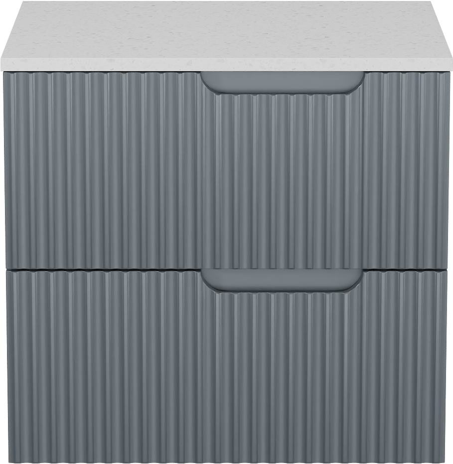 Linie Ribbo meuble salle de bains suspendu 60 x 46 cm bleu anthracite avec Lado tablette simple en mélaminé terrazzo blanc, Nervure circulaire symétrique verticale