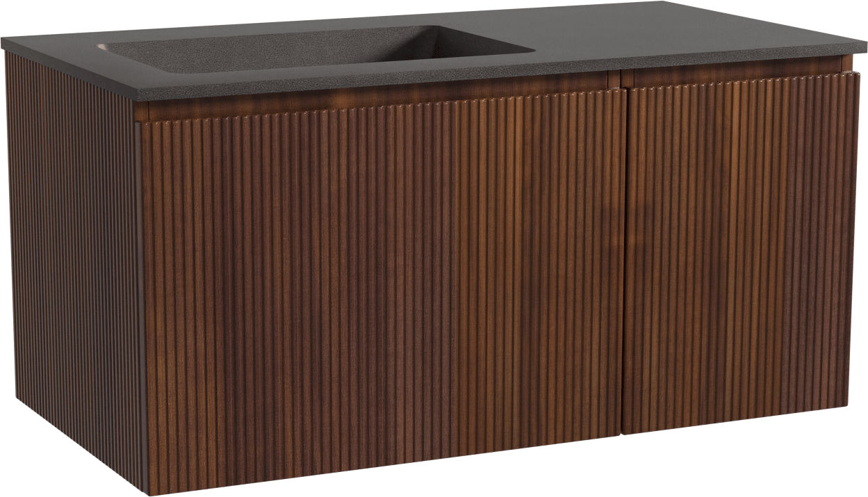 Storke Ribs meuble salle de bains suspendu 100 x 52 cm noyer avec Scuro plan vasque asymétrique à gauche en quartz noir mat, Nervure droite symétrique verticale