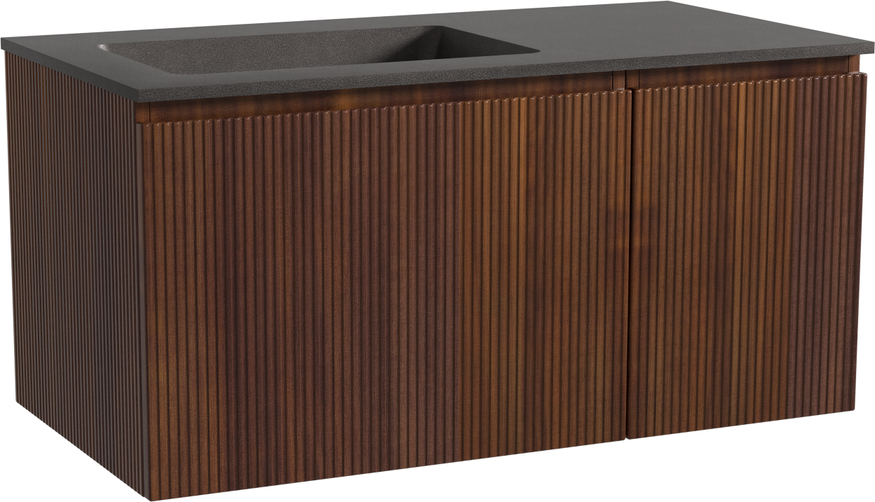 Storke Ribs zwevend badmeubel 100 x 52 cm notenhout met Scuro asymmetrisch linkse wastafel in kwarts mat zwart, Verticale symmetrische rechte ribbel