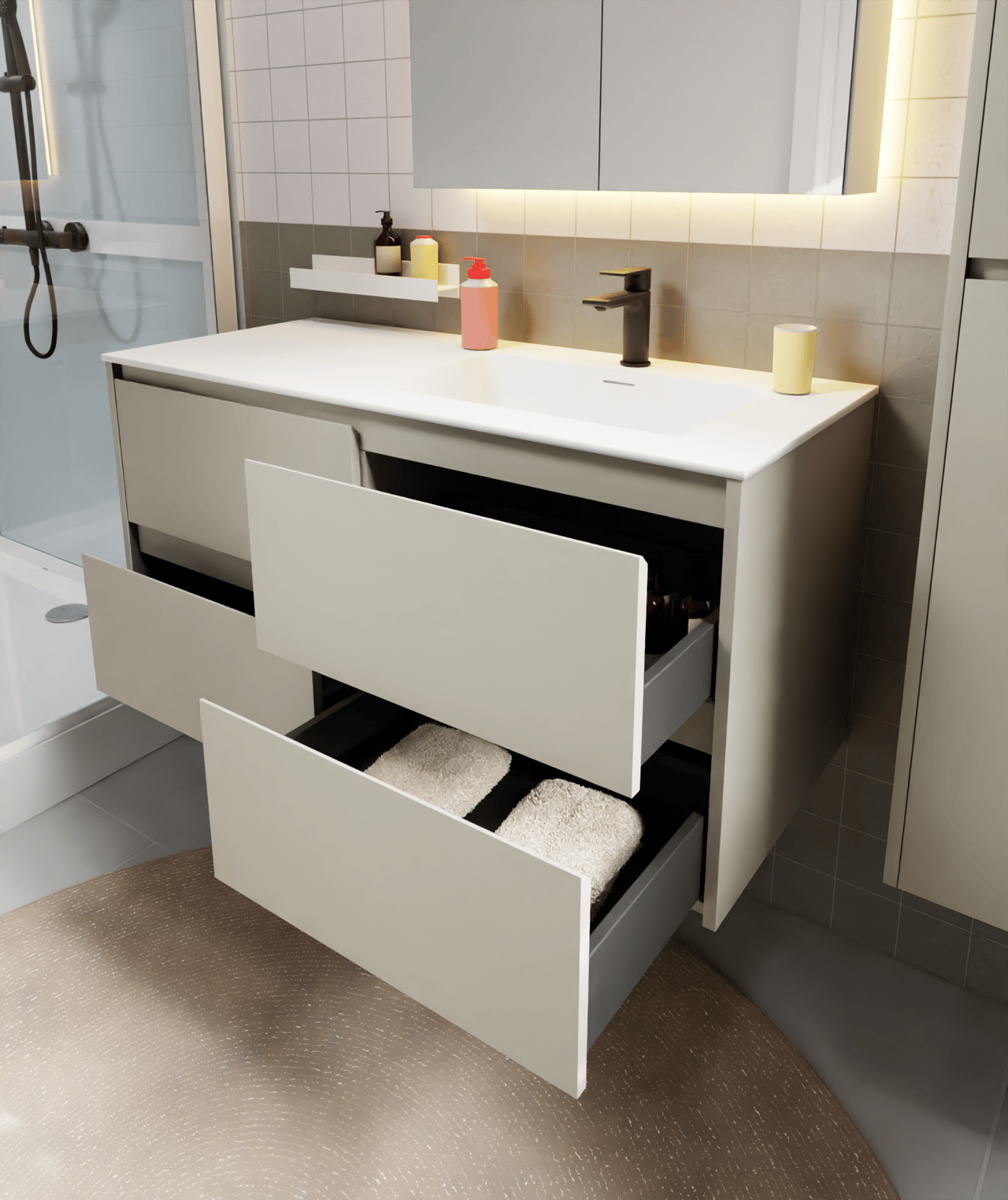 Storke Seda hängender Waschbeckenunterschrank: 120 x 52 cm, Seidengrau, 4 Schubladen