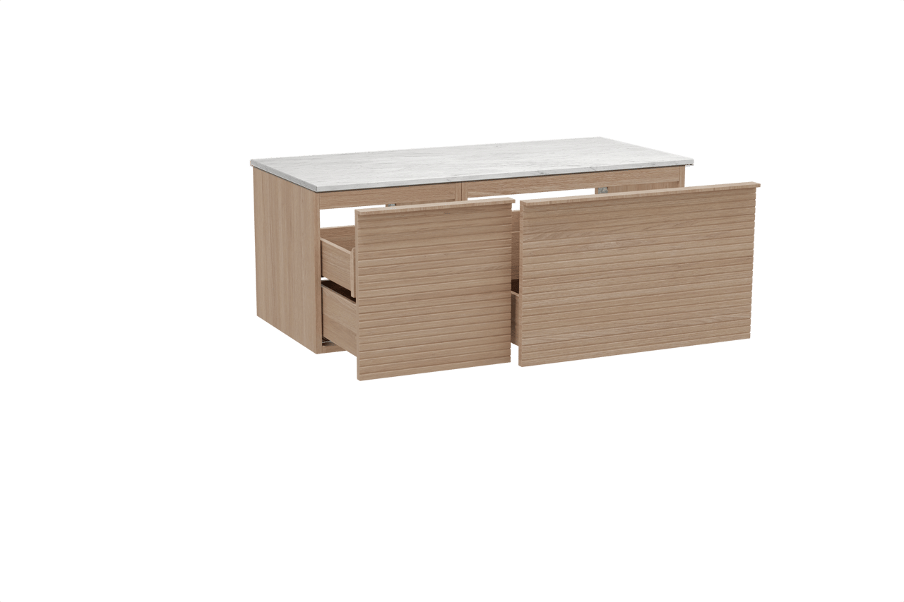 Balmani Forma zwevend badkamermeubel 120 x 55 cm natuur eik met Stretto enkel of dubbel tablet in marmer carrara, Horizontale symmetrische rechte ribbel