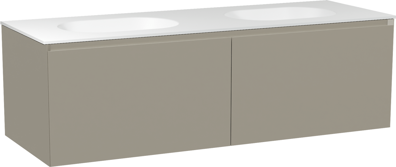 Balmani Idra hängendes Möbelstück Set: 150 x 55 cm, Steingrau, mit Tablo Oval Doppelwaschtisch, Solid Surface Weiß matt