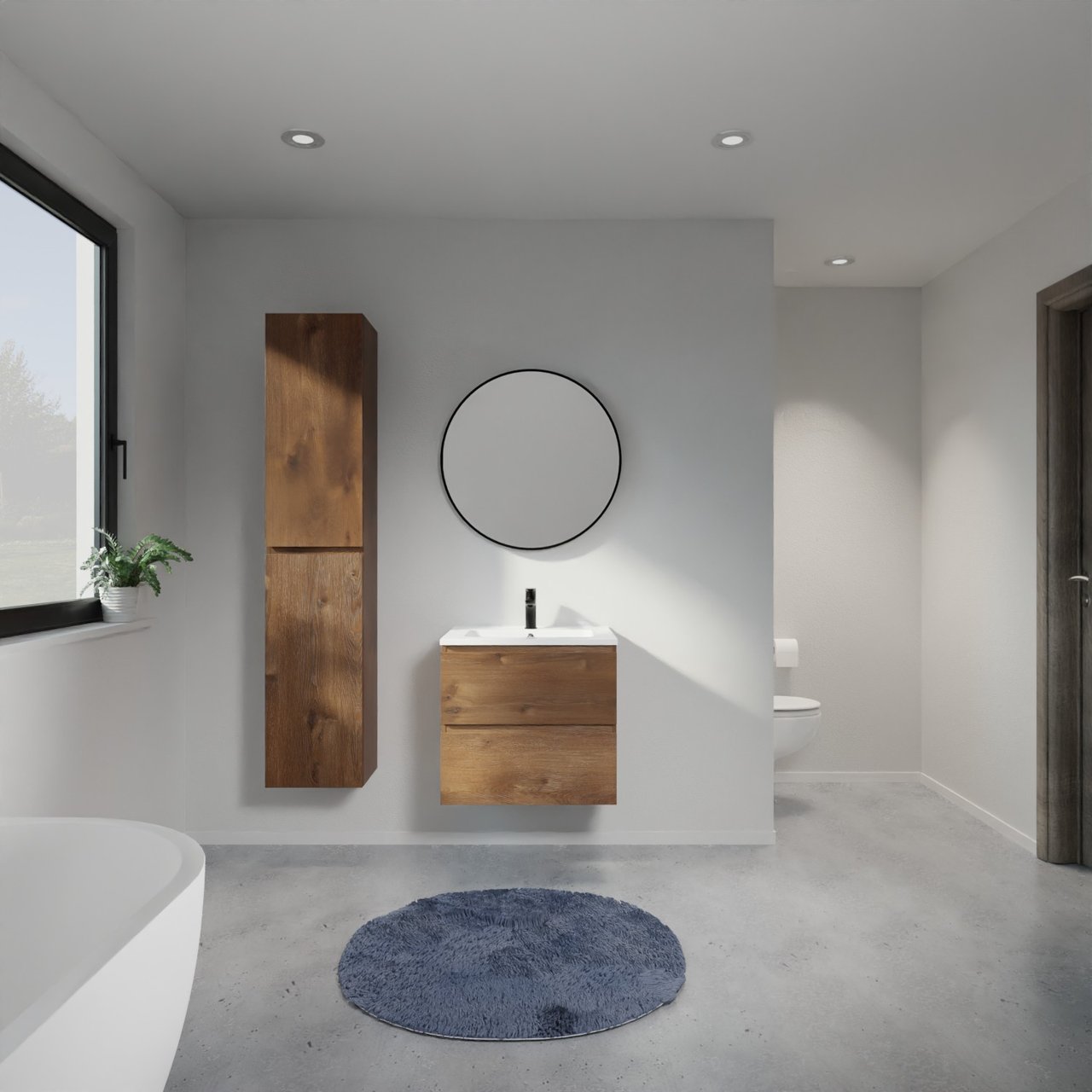 Linie Lado meuble salle de bains suspendu 60 x 46 cm chêne brun avec Vano plan simple en marbre composite blanc brillant