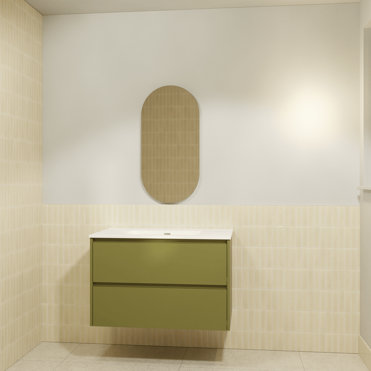 Storke Seda meuble salle de bains suspendu 95 x 52 cm vert olive avec Kera double vasque en céramique blanc brillant, bonde incluse et Soto miroir